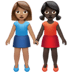 👩🏽‍🤝‍👩🏿 women holding hands: medium skin tone, dark skin tone display on Apple